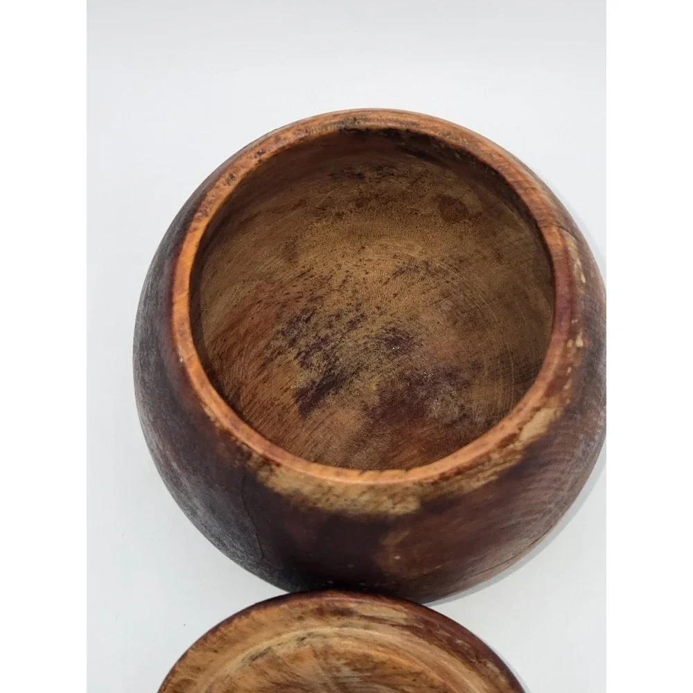 Vintage Hand Turned Wood Lidded Pot Bowl Rustic‎ Wooden Container 5.5